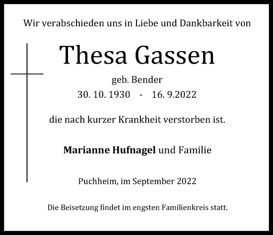 Anzeige von Thesa Gassen von Kölner Stadt-Anzeiger / Kölnische Rundschau / Express