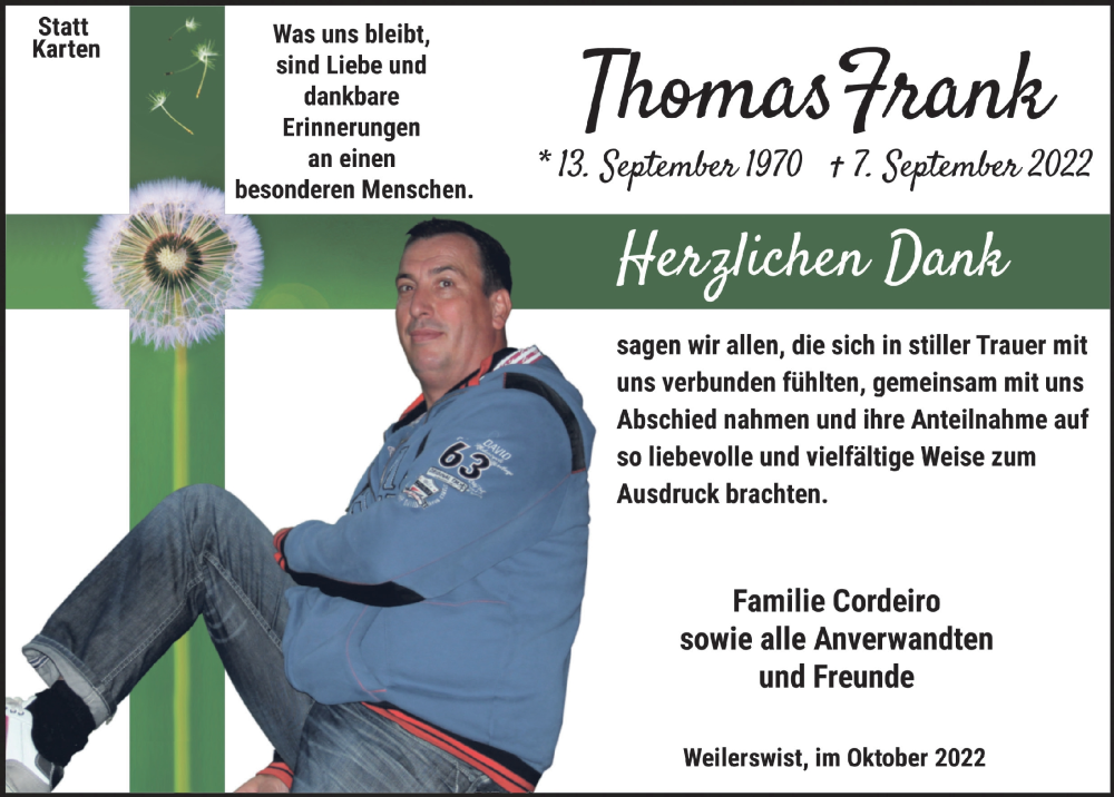  Traueranzeige für Thomas Frank vom 15.10.2022 aus  Blickpunkt Euskirchen 