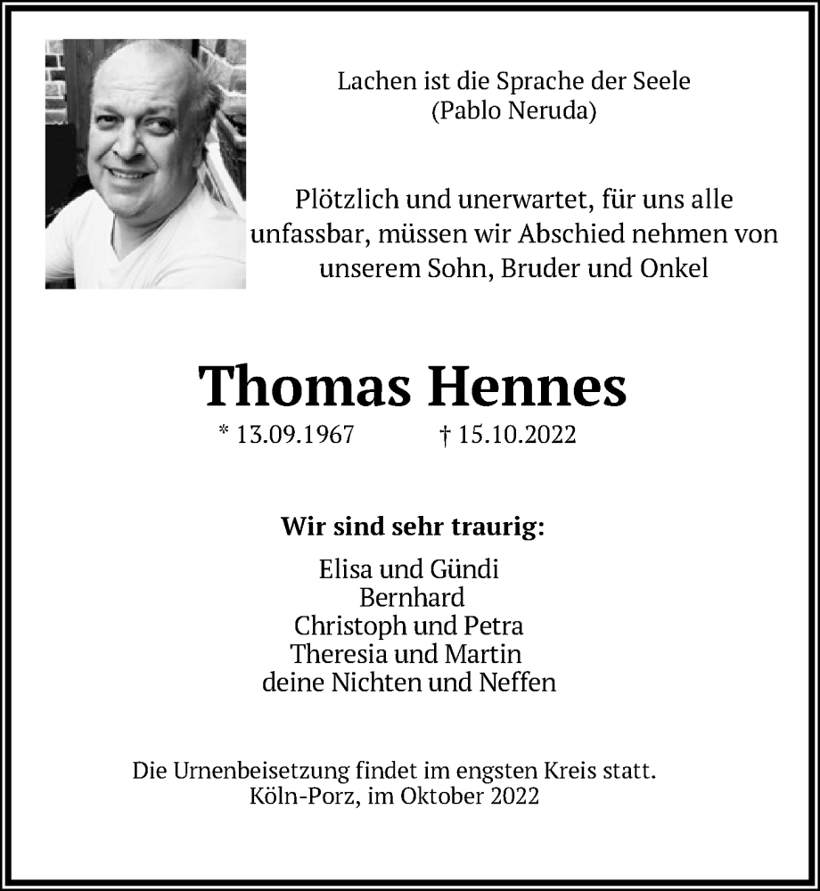  Traueranzeige für Thomas Hennes vom 28.10.2022 aus  EXPRESS - Die Woche 