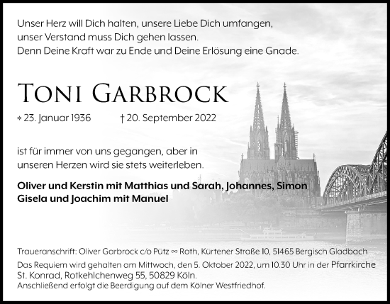Anzeige von Toni Garbrock von Kölner Stadt-Anzeiger / Kölnische Rundschau / Express
