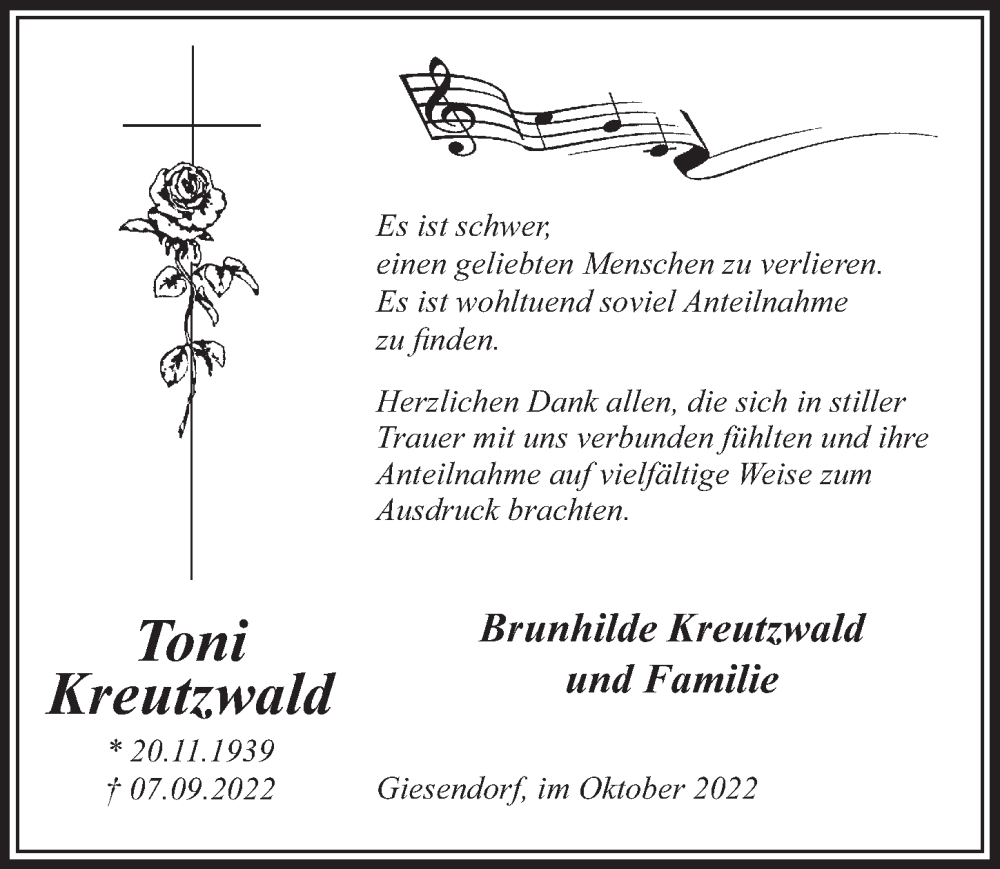  Traueranzeige für Toni Kreutzwald vom 21.10.2022 aus  Werbepost 
