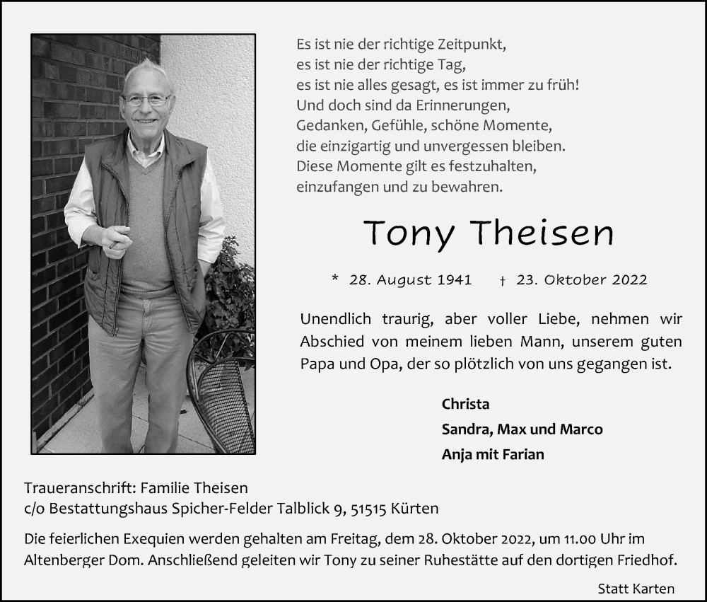  Traueranzeige für Tony Theisen vom 26.10.2022 aus Kölner Stadt-Anzeiger / Kölnische Rundschau / Express