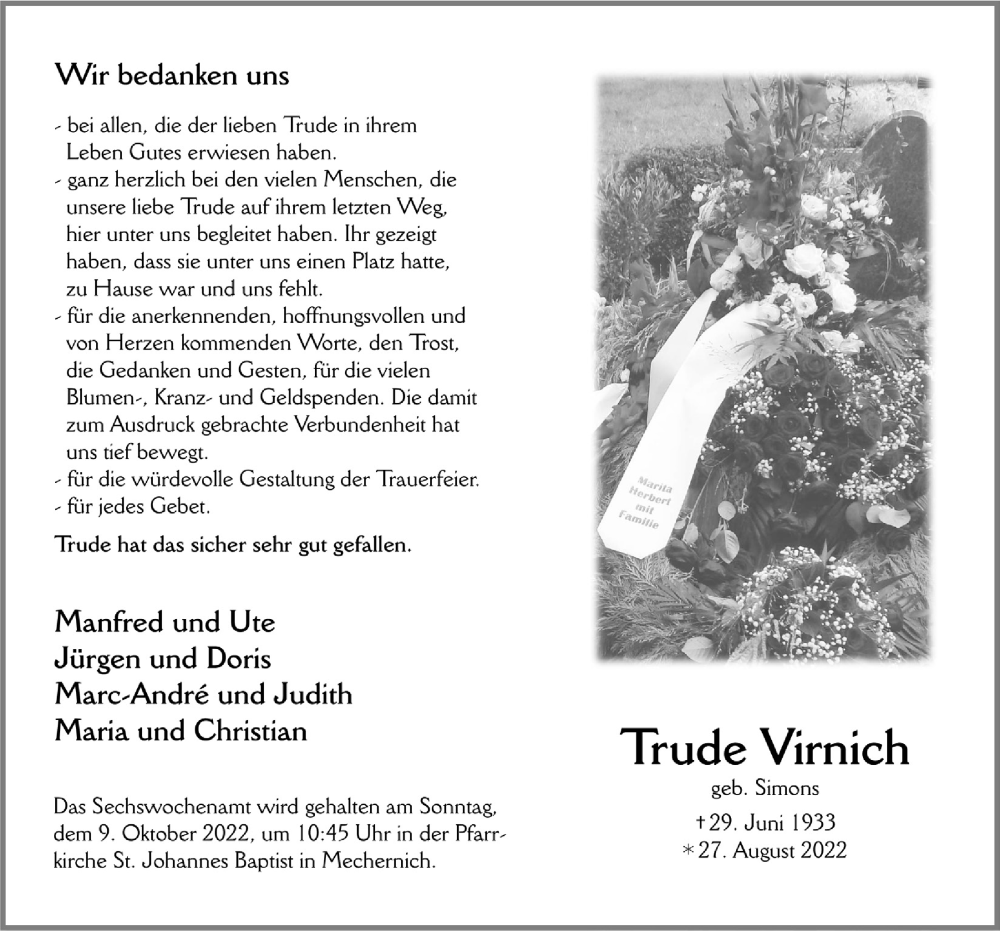  Traueranzeige für Trude Virnich vom 08.10.2022 aus  Blickpunkt Euskirchen 