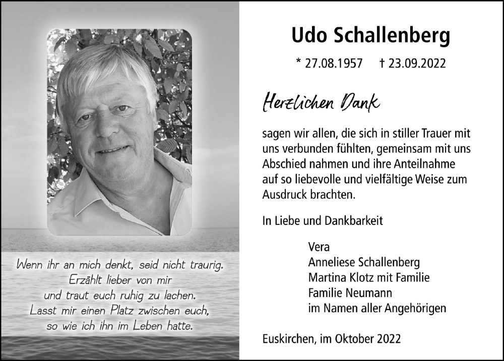  Traueranzeige für Udo Schallenberg vom 22.10.2022 aus  Blickpunkt Euskirchen 