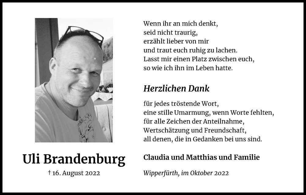  Traueranzeige für Uli Brandenburg vom 08.10.2022 aus Kölner Stadt-Anzeiger / Kölnische Rundschau / Express