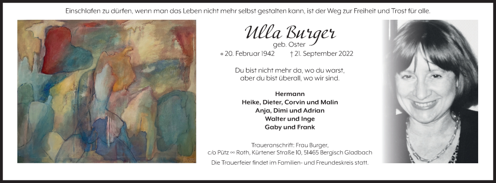  Traueranzeige für Ulla Burger vom 01.10.2022 aus Kölner Stadt-Anzeiger / Kölnische Rundschau / Express