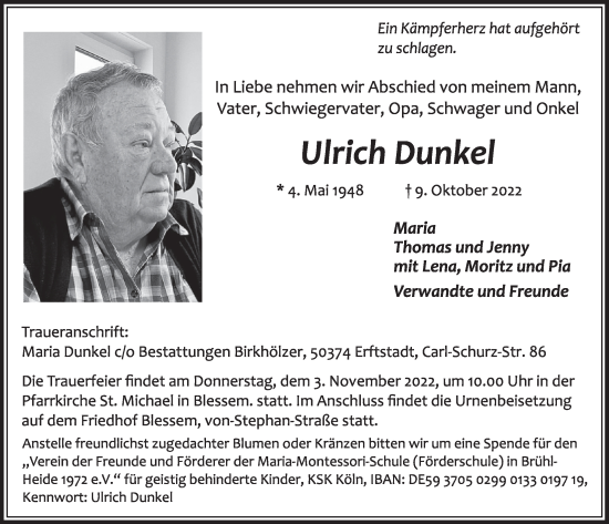 Anzeige von Ulrich Dunkel von  Wochenende  Werbepost 