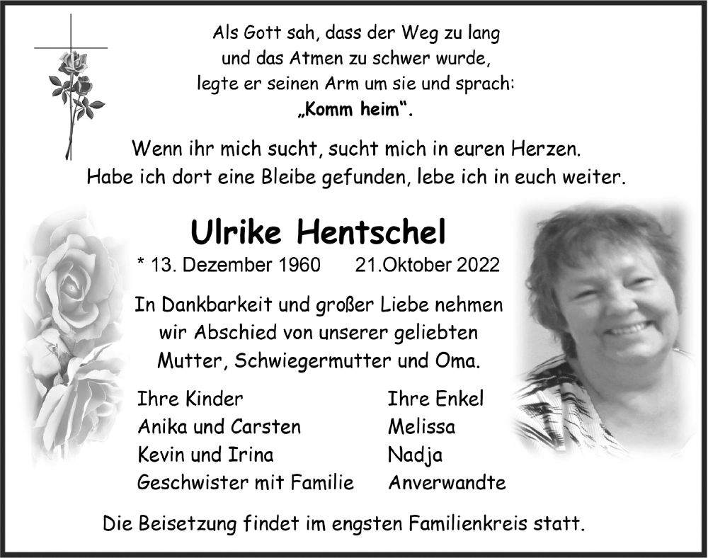  Traueranzeige für Ulrike Hentschel vom 28.10.2022 aus  Anzeigen Echo 