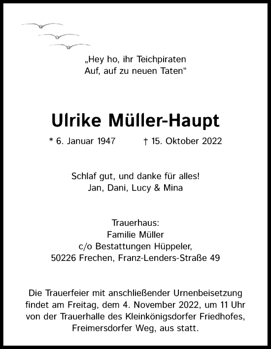 Anzeige von Ulrike Müller-Haupt von Kölner Stadt-Anzeiger / Kölnische Rundschau / Express