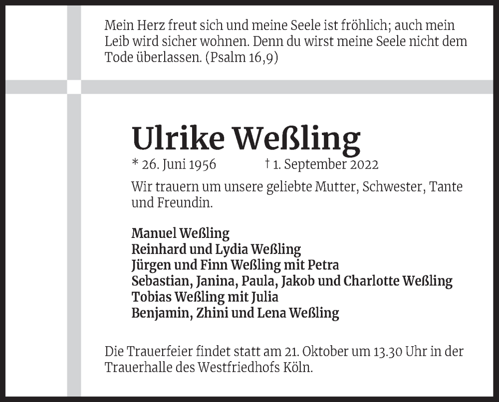 Traueranzeige für Ulrike Weßling vom 15.10.2022 aus Kölner Stadt-Anzeiger / Kölnische Rundschau / Express