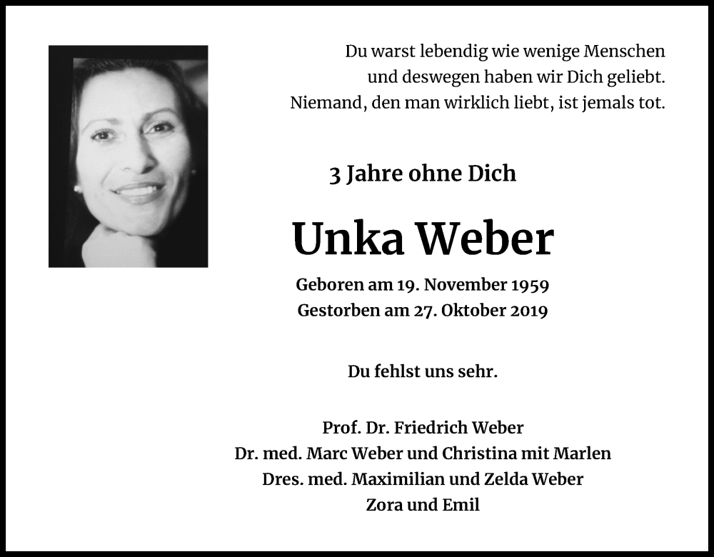  Traueranzeige für Unka Weber vom 29.10.2022 aus Kölner Stadt-Anzeiger / Kölnische Rundschau / Express
