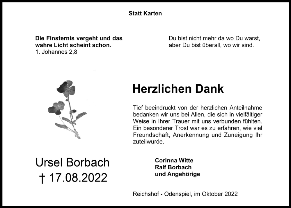  Traueranzeige für Ursel Borbach vom 14.10.2022 aus  Lokalanzeiger 