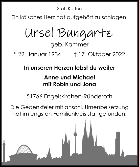 Anzeige von Ursel Bungartz von  Anzeigen Echo 