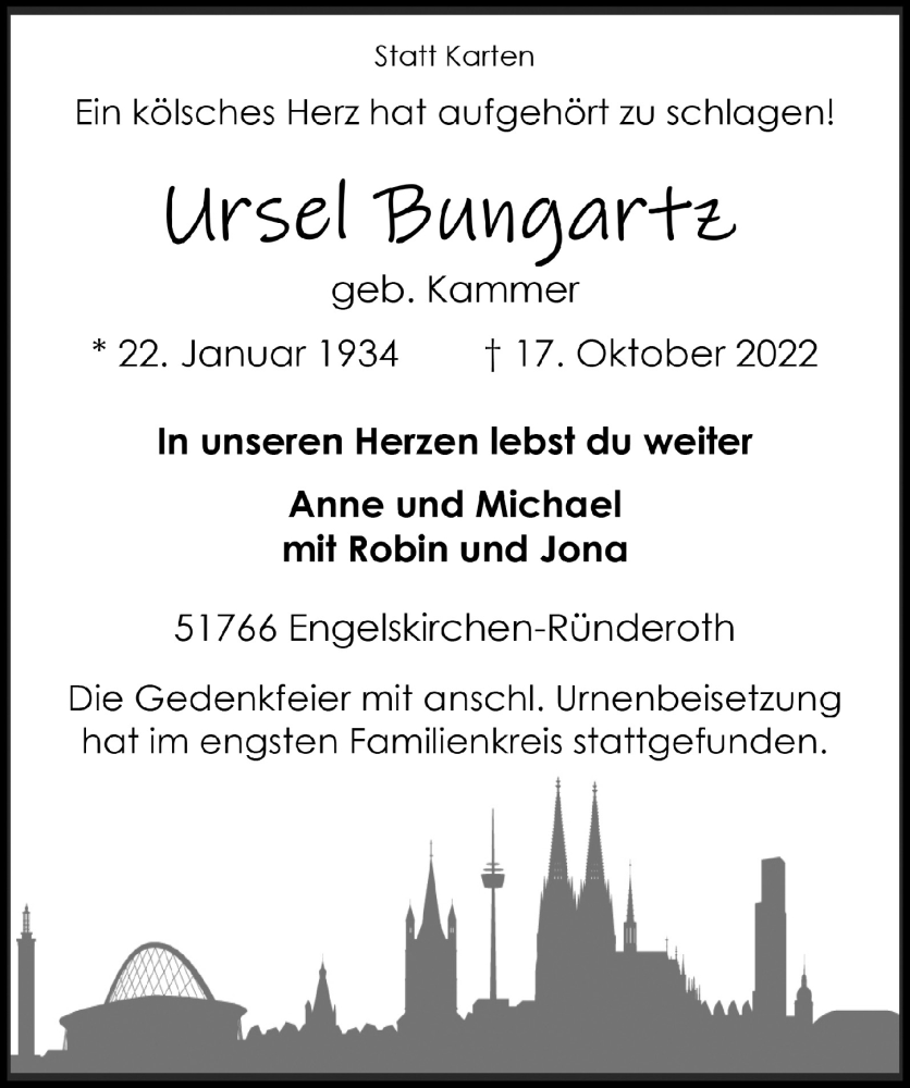  Traueranzeige für Ursel Bungartz vom 28.10.2022 aus  Anzeigen Echo 
