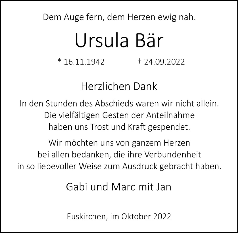  Traueranzeige für Ursula Bär vom 29.10.2022 aus  Blickpunkt Euskirchen 