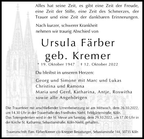 Anzeige von Ursula Färber von Kölner Stadt-Anzeiger / Kölnische Rundschau / Express