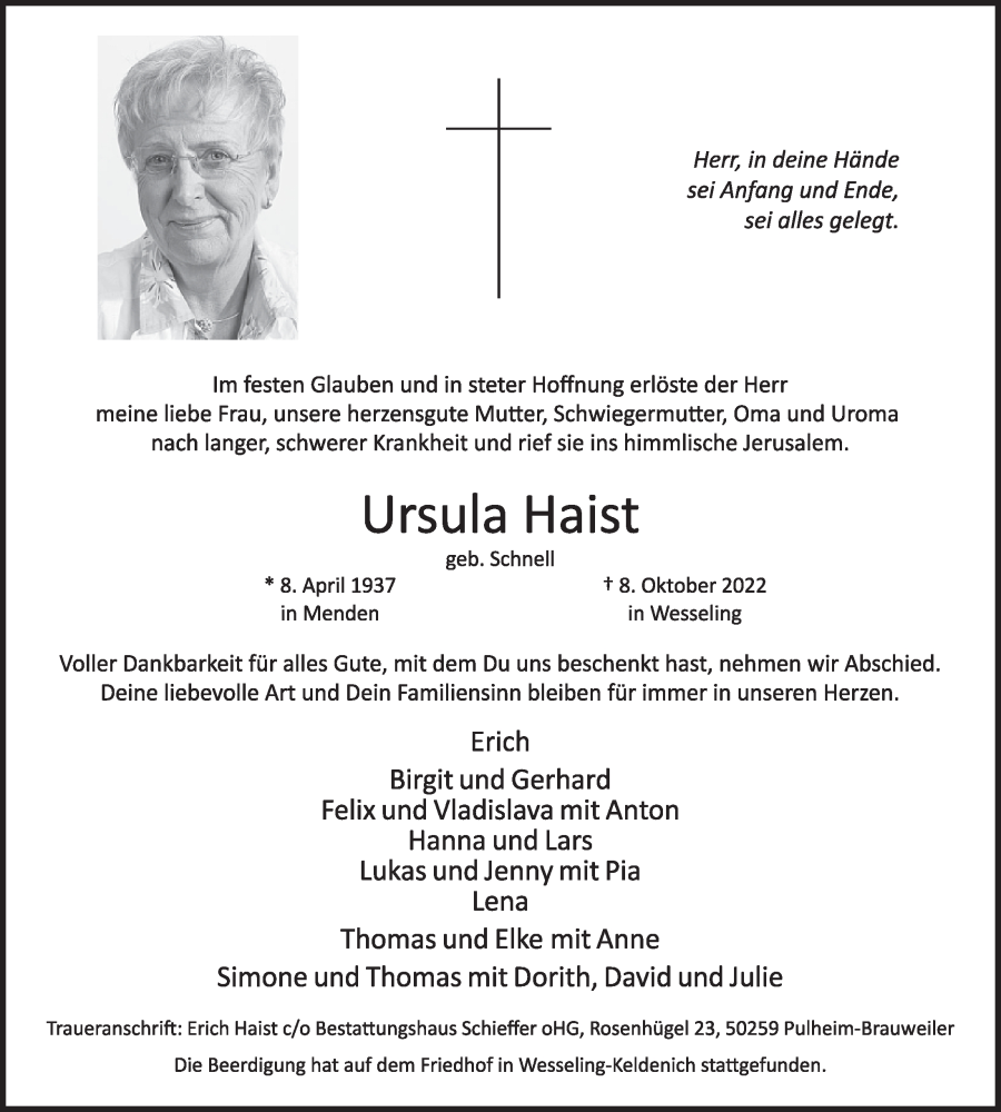  Traueranzeige für Ursula Haist vom 14.10.2022 aus  Schlossbote/Werbekurier 