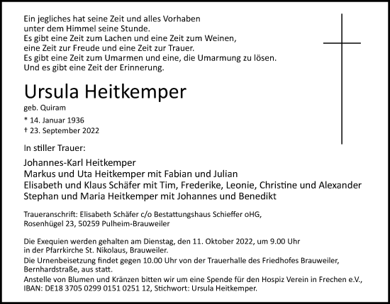 Anzeige von Ursula Heitkemper von Kölner Stadt-Anzeiger / Kölnische Rundschau / Express