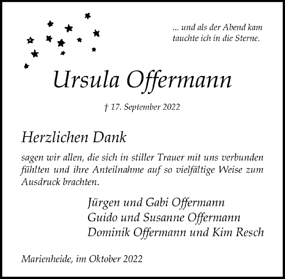 Traueranzeige für Ursula Offermann vom 14.10.2022 aus  Anzeigen Echo 