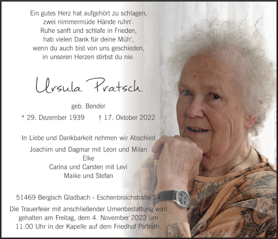 Anzeige von Ursula Pratsch von  Bergisches Handelsblatt 