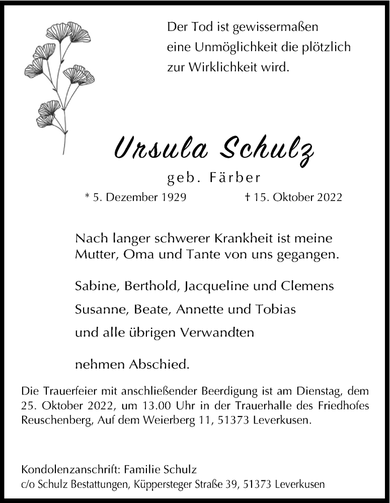  Traueranzeige für Ursula Schulz vom 22.10.2022 aus Kölner Stadt-Anzeiger / Kölnische Rundschau / Express