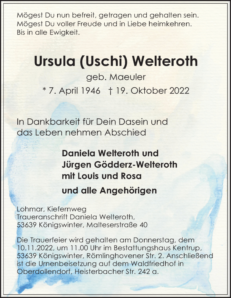  Traueranzeige für Ursula Welteroth vom 29.10.2022 aus Kölner Stadt-Anzeiger / Kölnische Rundschau / Express