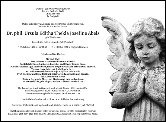 Anzeige von Ursula Editha THekla Josefine Abels von Kölner Stadt-Anzeiger / Kölnische Rundschau / Express