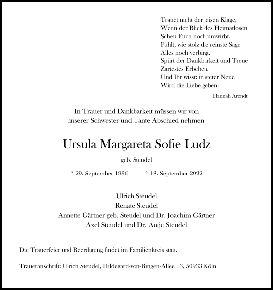 Anzeige von Ursula Margareta Sofie Ludz von Kölner Stadt-Anzeiger / Kölnische Rundschau / Express
