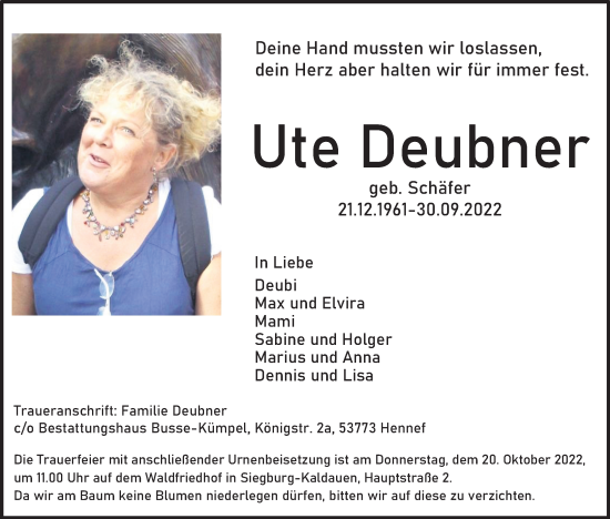 Anzeige von Ute Deubner von Kölner Stadt-Anzeiger / Kölnische Rundschau / Express