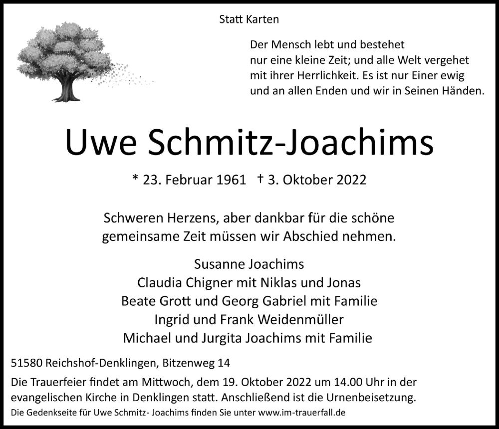  Traueranzeige für Uwe Schmitz-Joachims vom 07.10.2022 aus  Lokalanzeiger 