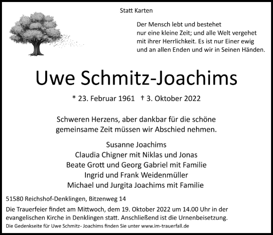 Anzeige von Uwe Schmitz-Joachims von  Lokalanzeiger 