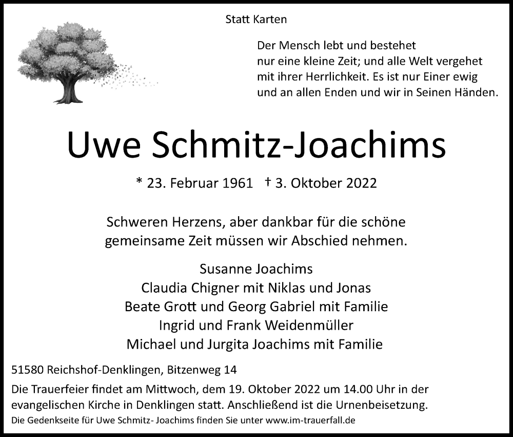  Traueranzeige für Uwe Schmitz-Joachims vom 08.10.2022 aus Kölner Stadt-Anzeiger / Kölnische Rundschau / Express