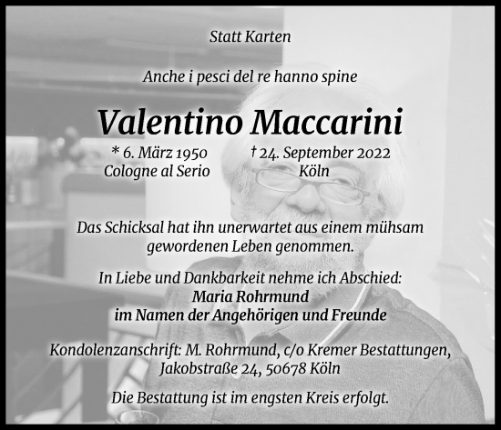 Anzeige von Valentino Maccarini von Kölner Stadt-Anzeiger / Kölnische Rundschau / Express