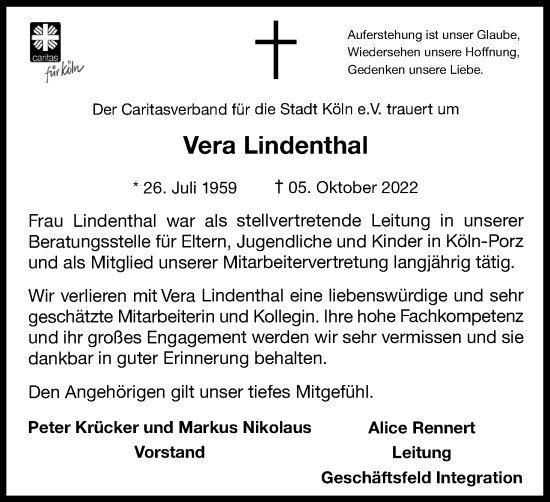 Anzeige von Vera Lindenthal von Kölner Stadt-Anzeiger / Kölnische Rundschau / Express