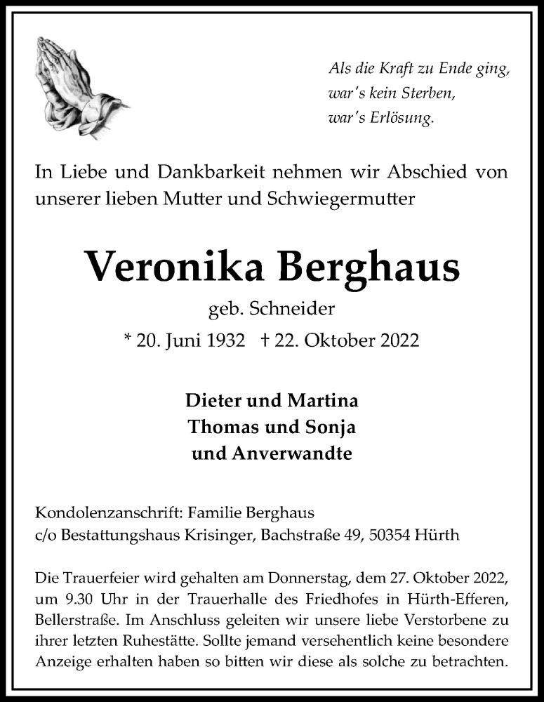  Traueranzeige für Veronika Berghaus vom 26.10.2022 aus Kölner Stadt-Anzeiger / Kölnische Rundschau / Express