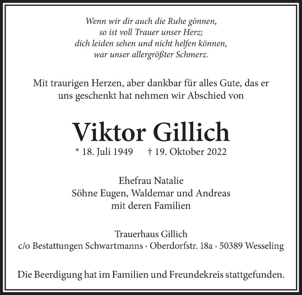  Traueranzeige für Viktor Gillich vom 28.10.2022 aus  Schlossbote/Werbekurier 