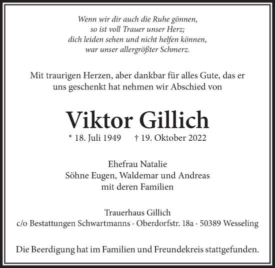 Anzeige von Viktor Gillich von  Schlossbote/Werbekurier 