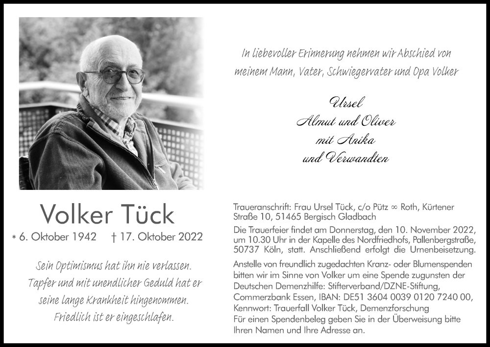  Traueranzeige für Volker Tück vom 29.10.2022 aus Kölner Stadt-Anzeiger / Kölnische Rundschau / Express