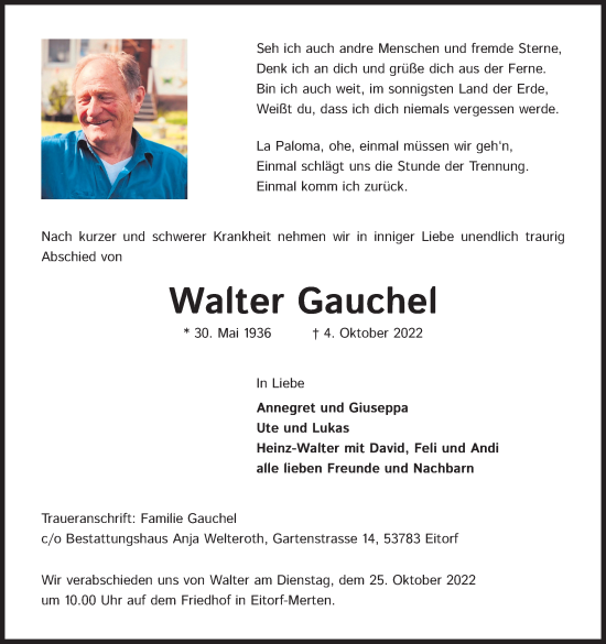 Anzeige von Walter Gauchel von Kölner Stadt-Anzeiger / Kölnische Rundschau / Express