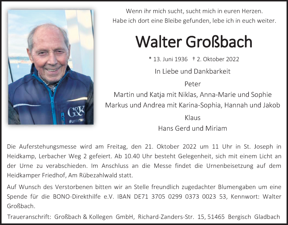  Traueranzeige für Walter Großbach vom 08.10.2022 aus Kölner Stadt-Anzeiger / Kölnische Rundschau / Express