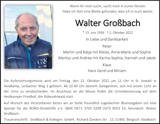 Anzeige von Walter Großbach von Kölner Stadt-Anzeiger / Kölnische Rundschau / Express