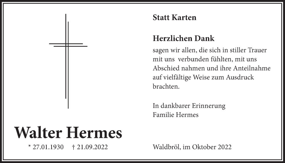  Traueranzeige für Walter Hermes vom 28.10.2022 aus  Lokalanzeiger 