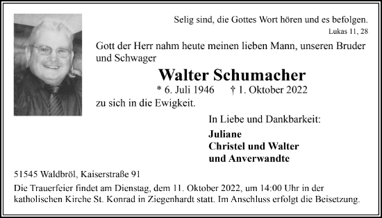 Anzeige von Walter Schumacher von  Lokalanzeiger 