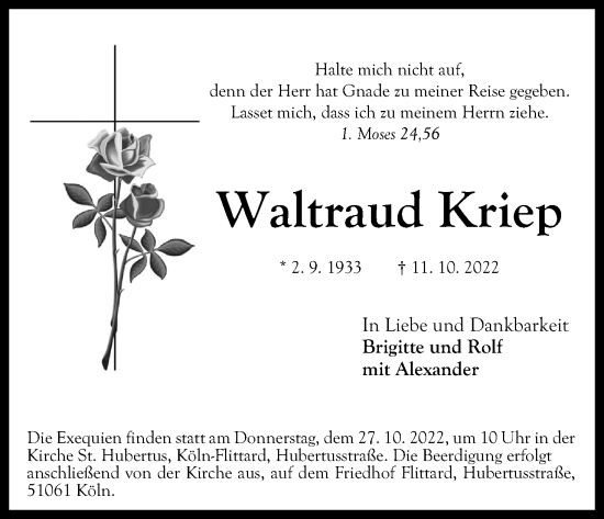Anzeige von Waltraud Kriep von Kölner Stadt-Anzeiger / Kölnische Rundschau / Express