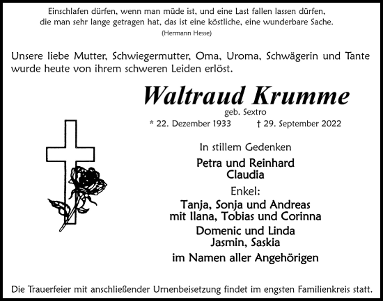 Anzeige von Waltraud Krumme von  Anzeigen Echo 