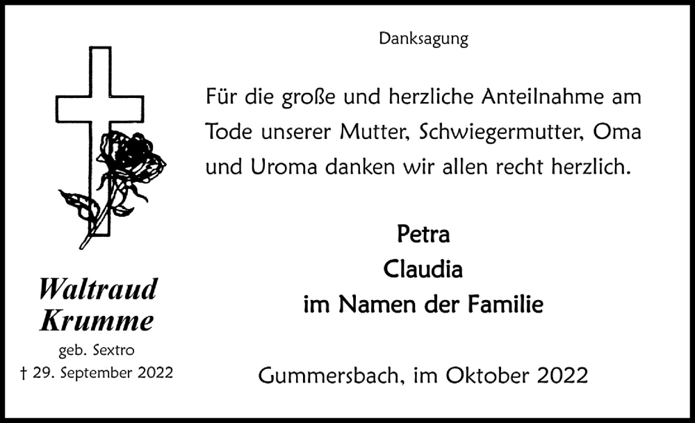  Traueranzeige für Waltraud Krumme vom 28.10.2022 aus  Anzeigen Echo 