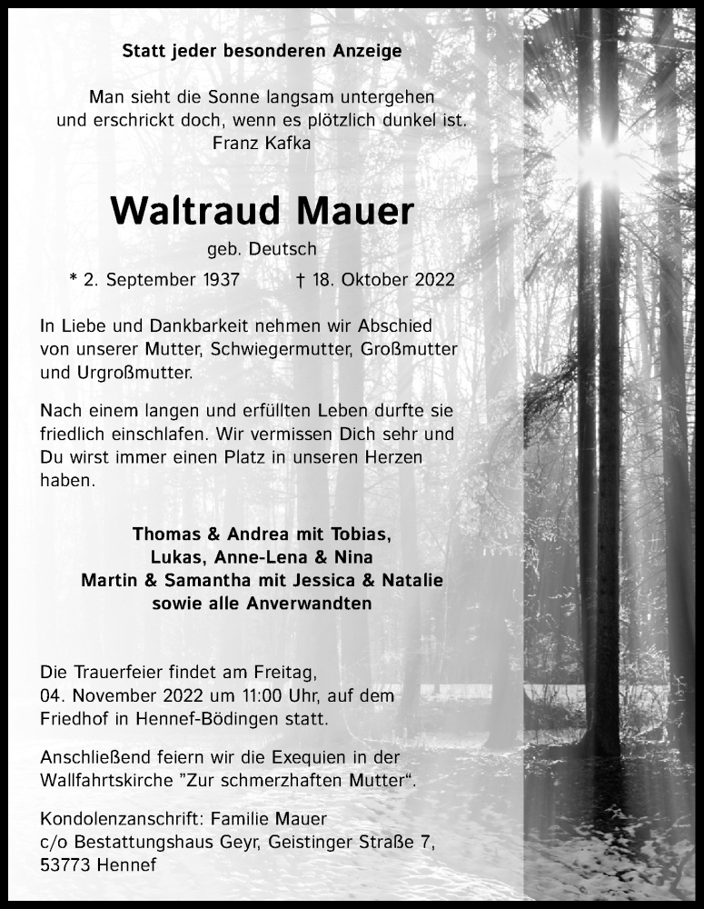  Traueranzeige für Waltraud Mauer vom 29.10.2022 aus Kölner Stadt-Anzeiger / Kölnische Rundschau / Express