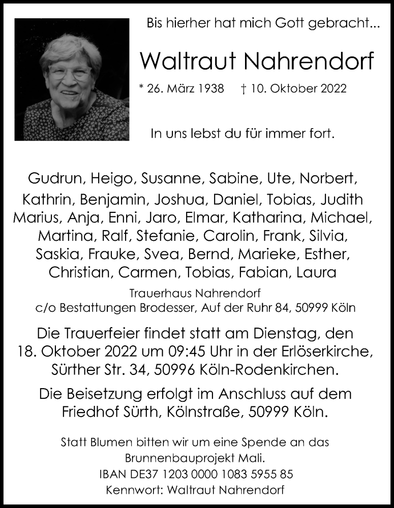  Traueranzeige für Waltraut Nahrendorf vom 15.10.2022 aus Kölner Stadt-Anzeiger / Kölnische Rundschau / Express