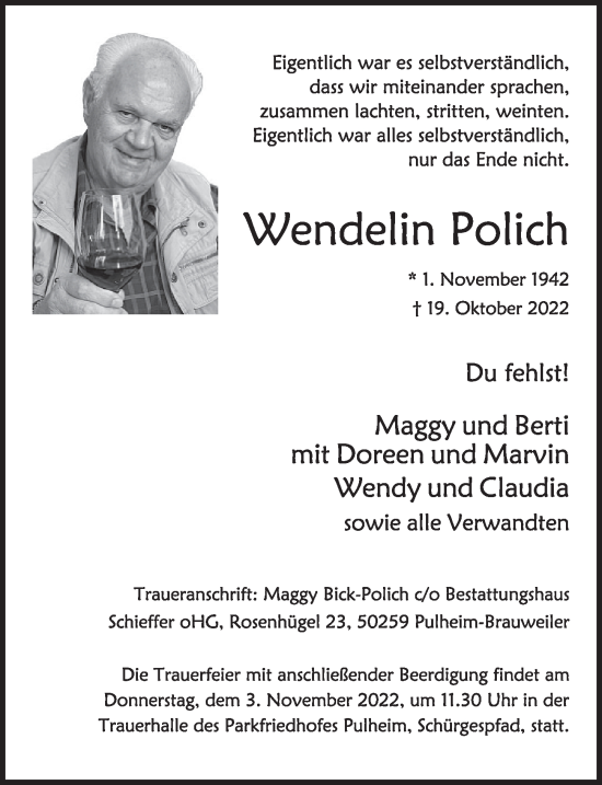 Anzeige von Wendelin Polich von  Wochenende 