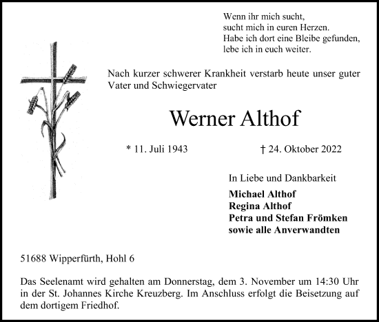 Anzeige von Werner Althof von Kölner Stadt-Anzeiger / Kölnische Rundschau / Express